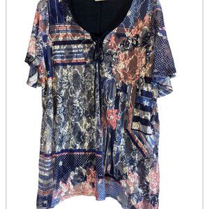 Catherines Blue Lined & Sheer Top Blue & Pink Blouse Casual Office Size 1X